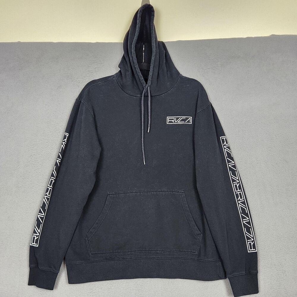 RVCA Hoodie Mens Large Black Pullover Fleece RVCA Logo Sleeve Back Graphic